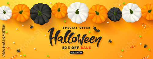 Halloween Sale Promotion Poster with pumpkins, spiders, bats, streamers and beads .Vector illustration for website , posters, ads, coupons, promotional material