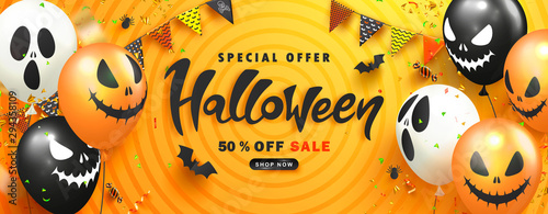 Halloween Sale Promotion Poster with scary balloons,paper bats,spiders, candy and flying serpentine.Vector illustration for website , posters, ads, coupons, promotional material,invitation, postcard.