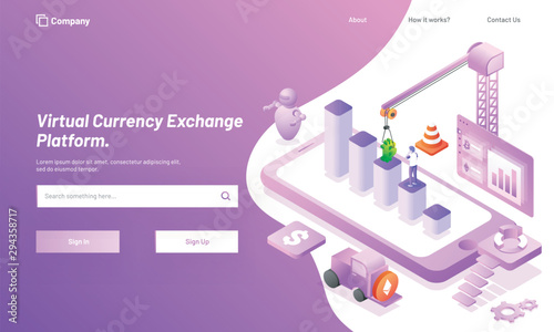 Responsive landing page design, isometric bar graph on smartphone screen with robot and delivery truck for Virtual Currency Exchange concept.