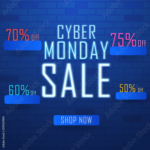 Neon text Cyber Monday Sale with different discount offers on shiny blue brick wall. Advertising concept based design.