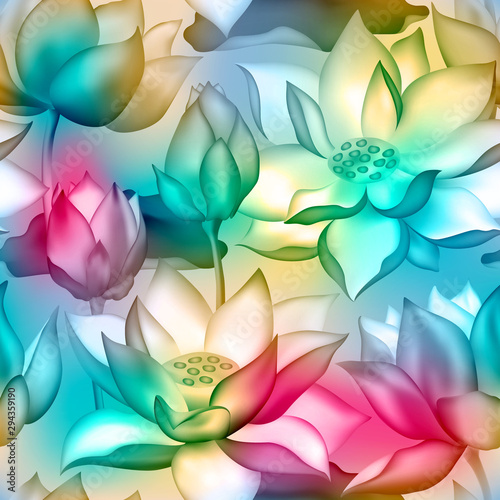 Lotus buds and flowers seamless background.