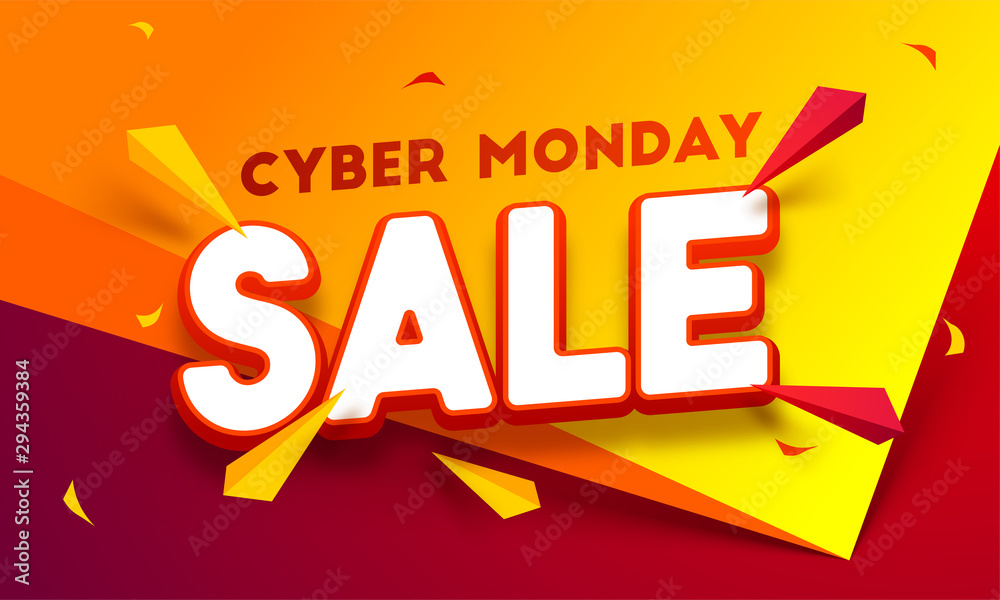 3D text Sale on paper folding background with abstract elements. Cyber Monday Sale poster or template design. 3D text Sale on paper folding background with abstract elements. Cyber Monday Sale poster or template design.
