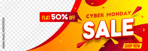 Website header or banner design with 50% discount offer for Cyber Monday Sale. Advertising banner with space for your product image.