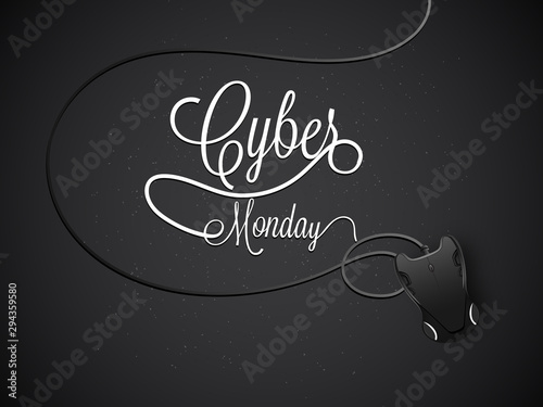 Calligraphy of Cyber Monday with digital mouse on glossy black background.