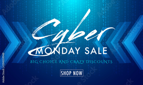 Shiny blue matrix coding background with text Cyber Monday Sale for advertisement concept.