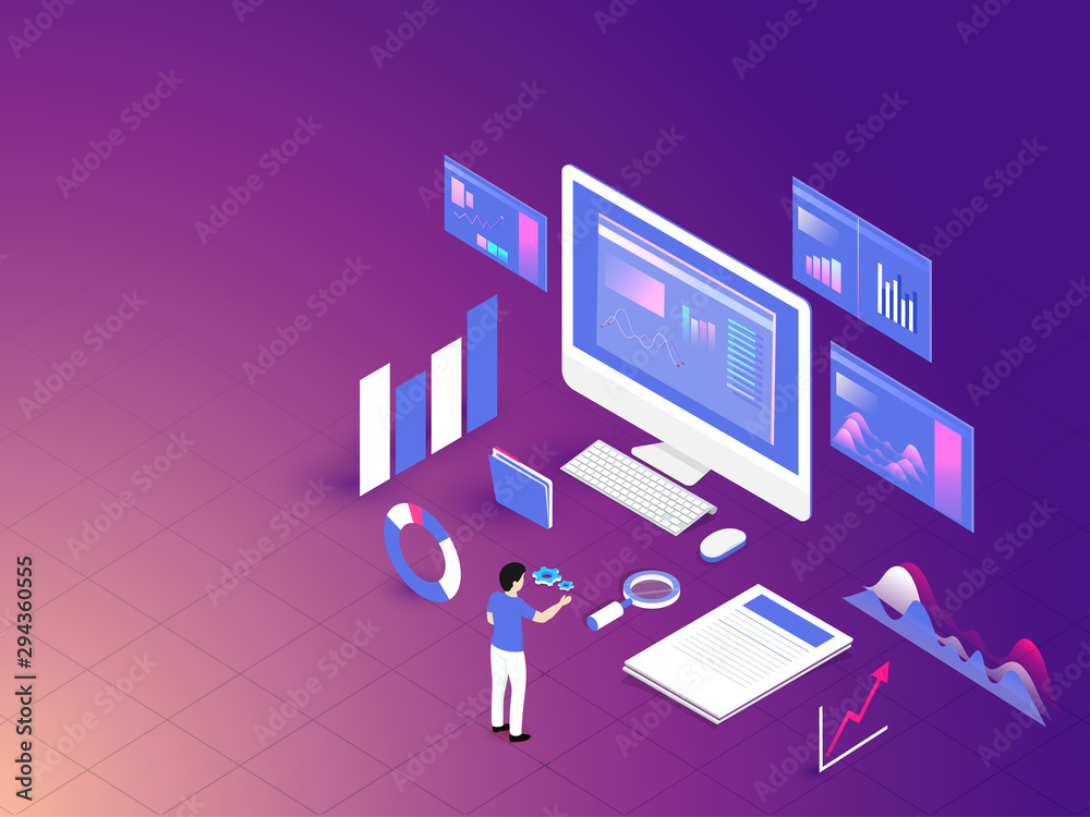 3D illustration of different infographic elements, financial bar chart with computer, isometric design for Data Management concept based web template design.
