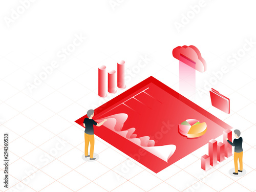Responsive web template design, tiny business people or analyst analysis data and cloud server for data storage on grid background.