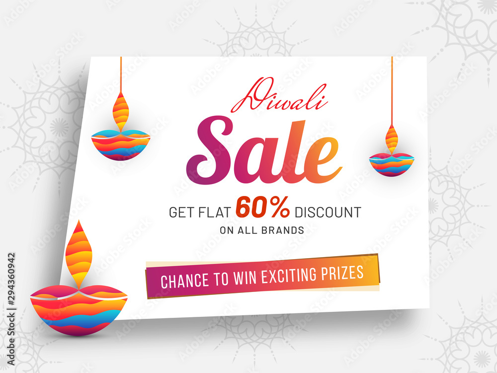 Diwali sale poster or banner design with 60% discount offer and hanging  colorful lit lamps (Diya) on white background. Stock Vector | Adobe Stock