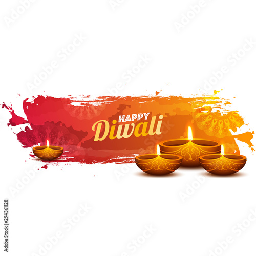 Illuminated Oil Lamps with text Happy Diwali on brush stroke background.