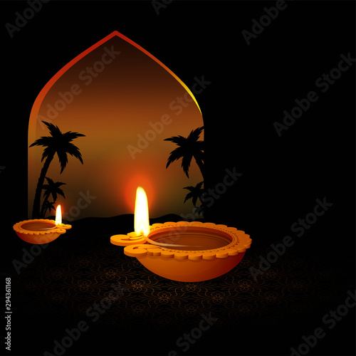 Realistic illuminated earthen lamps (Diya) on nature view background with sapce for your text.