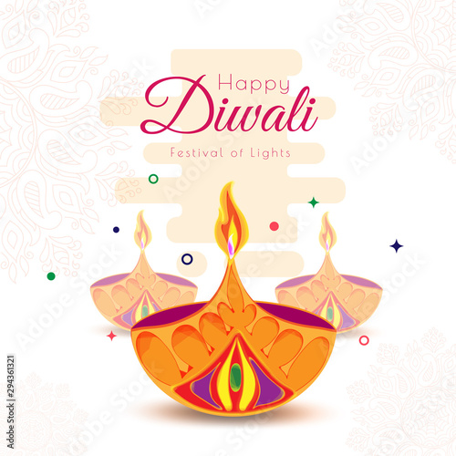 Happy Diwali greeting card design with paper cut oil lamps on abstract floral background for celebration of Festival Of Lights.