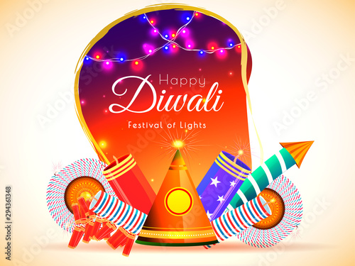 Happy Diwali celebration background with illustration of realistic firecrackers and illuminated bunting lights. Can be uesed as greeting card design.