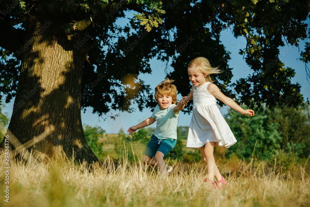 Fototapeta premium Children run on field. Happy children girl and boy running on meadow in summer in nature. Happy little farmers having fun on field. Cute toddler girl and boy working on farm outdoors.
