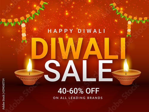 Beautiful Diwali Sale poster or banner design with 40-60% discount offer and illuminated oil lamp on shiny brown background with lighting effect.