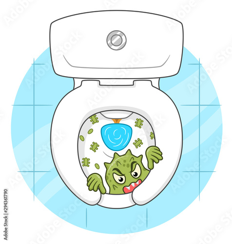 Cartoon funny microbe peek out from the toilet bowl