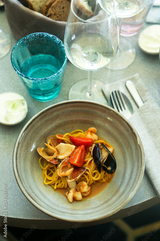 Homemade seafood pasta with tomatoes