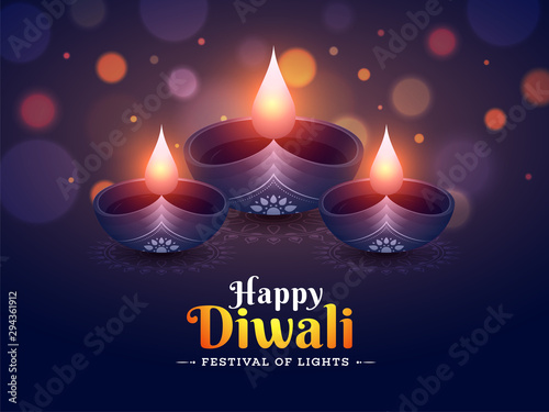 Happy Diwali poster or banner design with illuminated oil lamps on blurred lighting background.