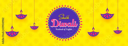 Social media header or banner design decorated with creative oil lamps hang on yellow floral pattern background for Shubh (Happy) Diwali celebration.