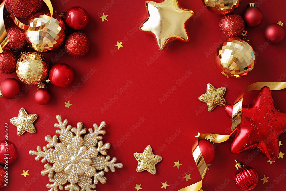 red and gold christmas ornaments on red background. frame background with  copy space Stock Photo | Adobe Stock