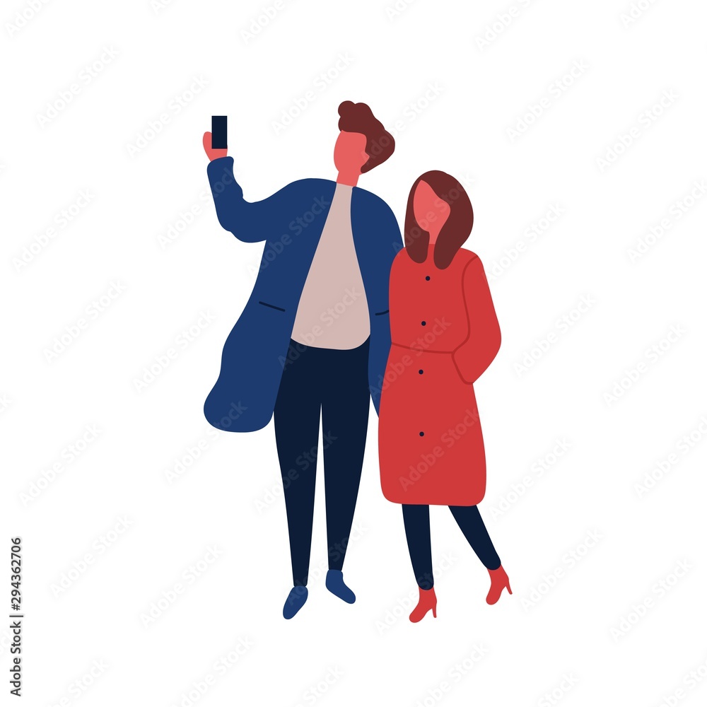 Man and woman taking selfie flat vector illustration. Boyfriend and  girlfriend on date. Stylish guy holding smartphone cartoon character on  white background. Romantic couple, friends walking. Stock Vector | Adobe  Stock