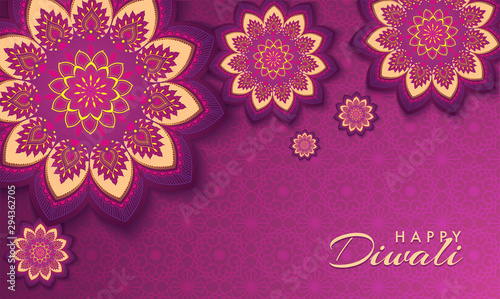 Sticker style exquisite flowers on seamless pattern fuchsia background. Greeting card design for Diwali festival.