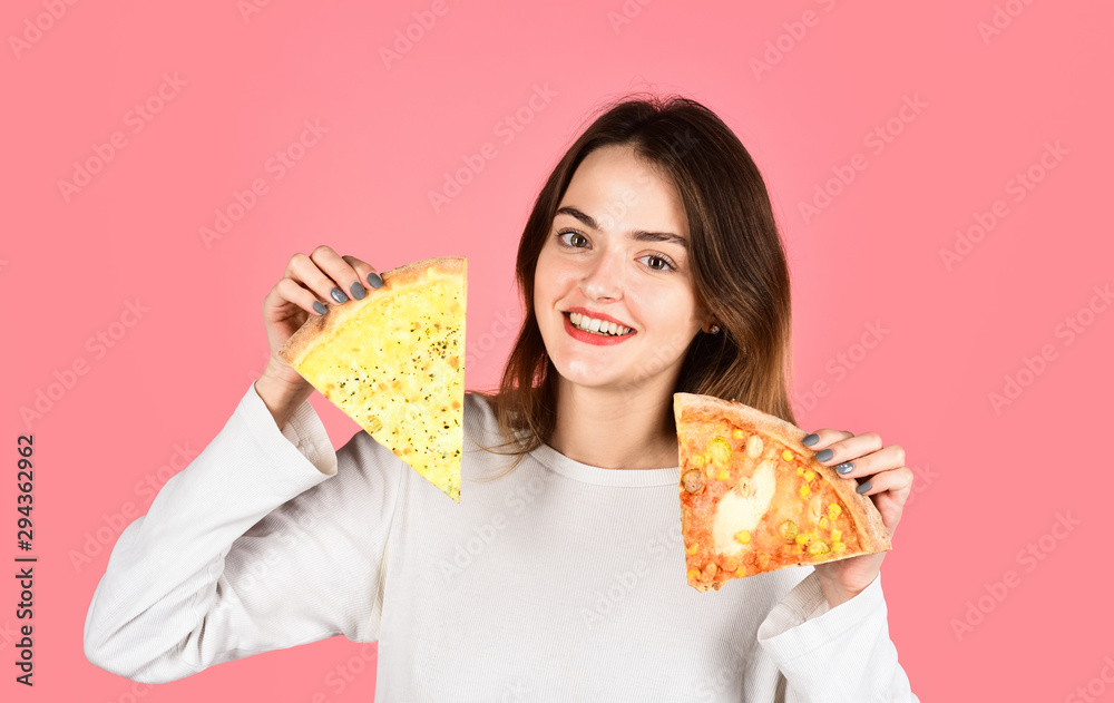 Woman eating pizza. Smiling woman with pizza. Food. Lunch. Happy girl holding pizza slices in hands. Fastfood. Snack. Food delivery. Copy space. Pizza slice. Woman eating pizza. Smiling woman with pizza. Food. Lunch. Happy girl holding pizza slices in hands. Fastfood. Snack. Food delivery. Copy space. Pizza slice.