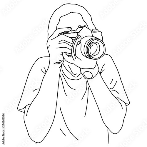 photographer taking shooting picture vector illustration sketch doodle hand drawn with black lines isolated on white background