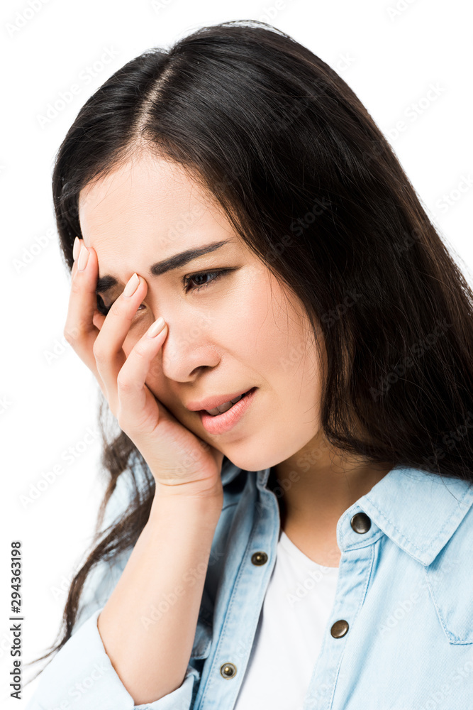 attractive and sad asian woman in denim shirt obscuring face isolated on white attractive and sad asian woman in denim shirt obscuring face isolated on white