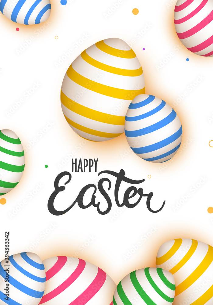 Happy Easter greeting card design decorated with colorful easter eggs.