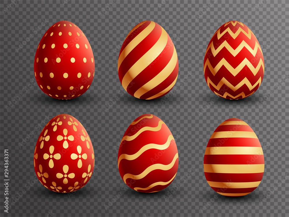 Set of various design of painted eggs in red and golden color.