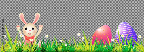 Cute bunny and easter with decorative daisy flowers on transparent background for Happy Easter header or banner design.
