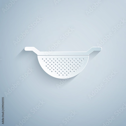 Paper cut Kitchen colander icon isolated on grey background. Cooking utensil. Cutlery sign. Paper art style. Vector Illustration