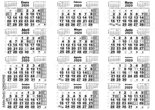 Calendario 2020 santoral en blanco y negro