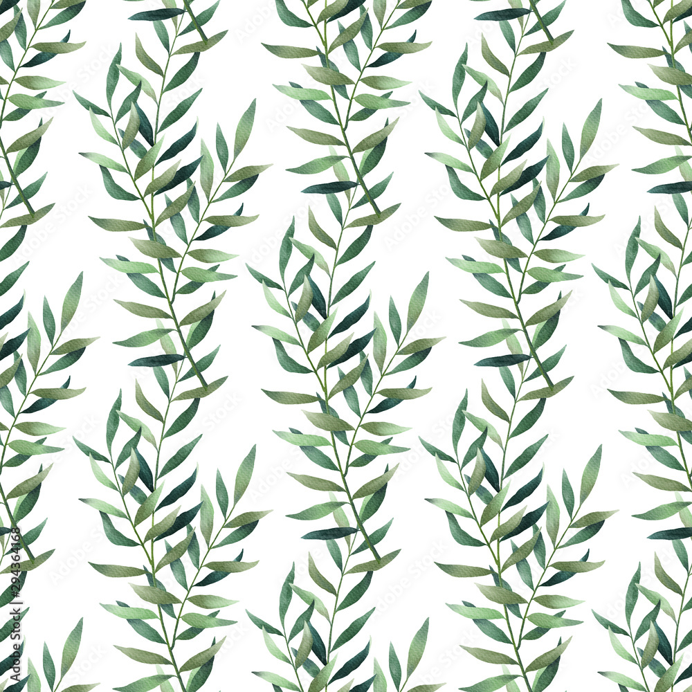 Obraz premium Seamless pattern with green leaves, branches