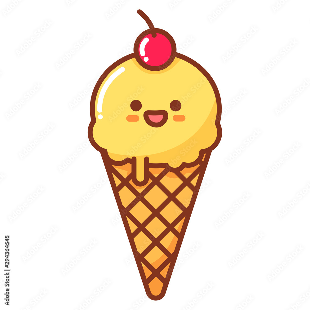 Vector, cartoon, kawaii food, ice cream, cream. Ice cream with a cone with taste of a peach or vanilla, decorated with cherry. Character, mascot. Image for poster, postcard, print on clothes or menu Vector, cartoon, kawaii food, ice cream, cream. Ice cream with a cone with taste of a peach or vanilla, decorated with cherry. Character, mascot. Image for poster, postcard, print on clothes or menu