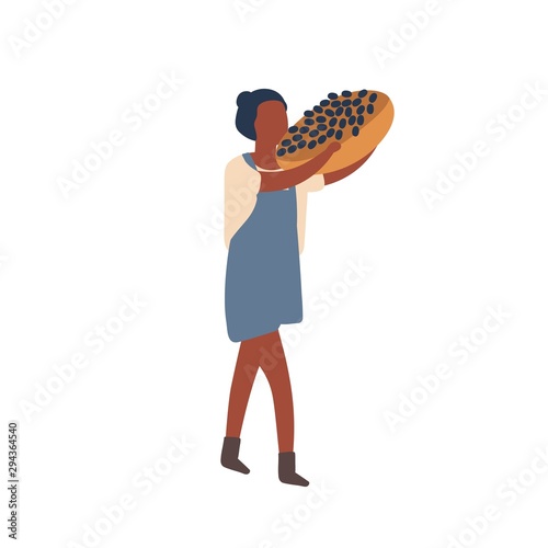 Woman carrying fruit harvest flat vector illustration
