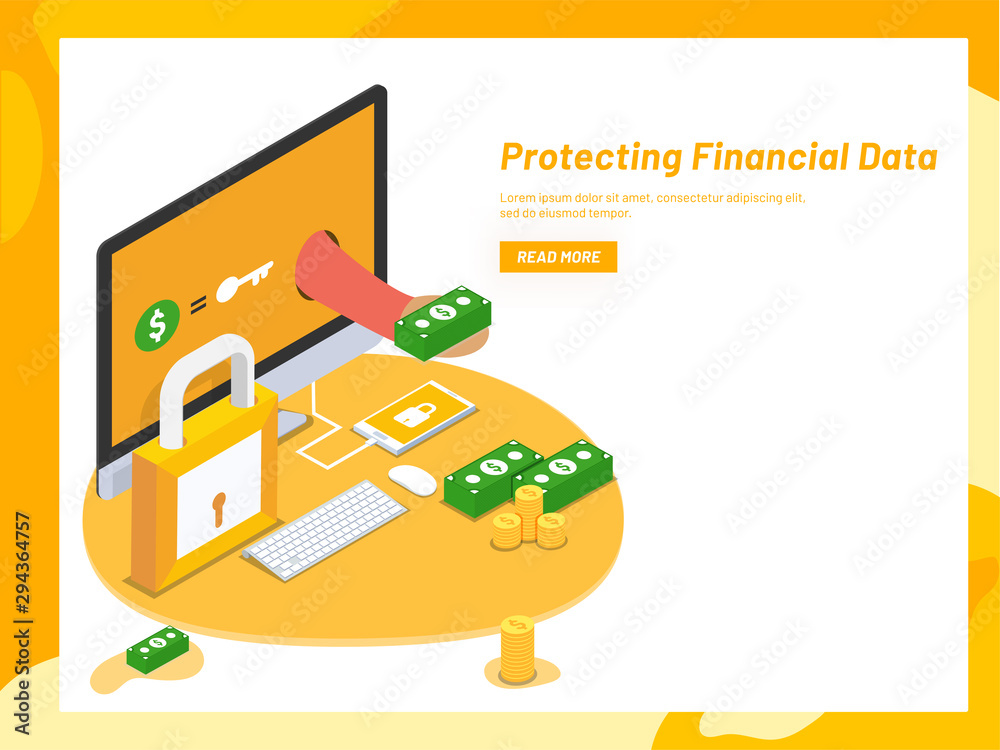 Protecting Financial Data concept based landing page design, Online Monetray data security, isometric desktop with padlock, banknote and coin stacks.