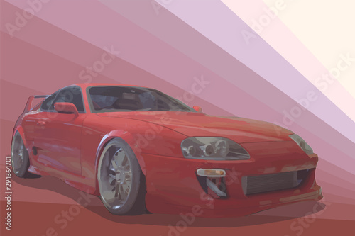 Cartoon japan tuned car on red sun background. Back view. Vector illustration.