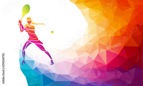 Creative silhouette of female tennis player. Racquet sport vector illustration or banner template in trendy abstract colorful polygon style with rainbow back