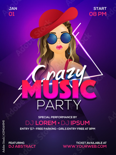 Beautiful girl illustration on glossy purple background for Crazy Music Party template or flyer design.