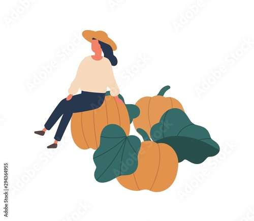 Girl gathering pumpkins flat vector illustration