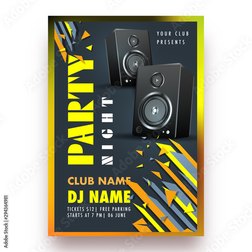 Music party flyer or template design with illustration of realistic speakers and abstract elements.