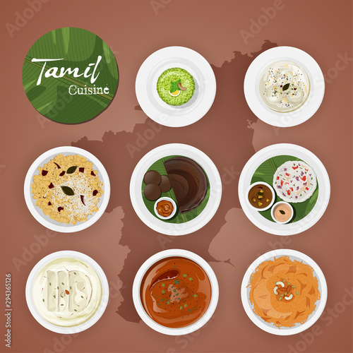 Tamil delicious cuisines on brown sate map background.