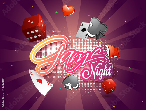 Sticker style text Game Night on halftone rays background with casino elements for poster or banner design.