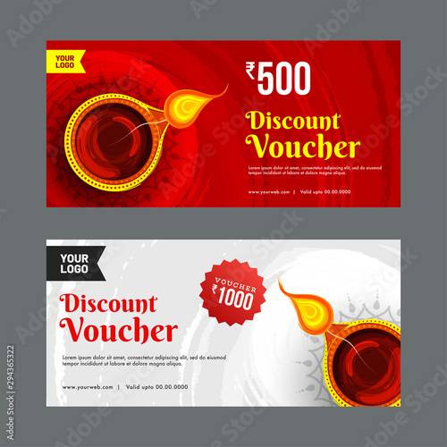 Discount voucher or gift coupon layout with best discount value and illuminated oil lamp for Diwali festival.