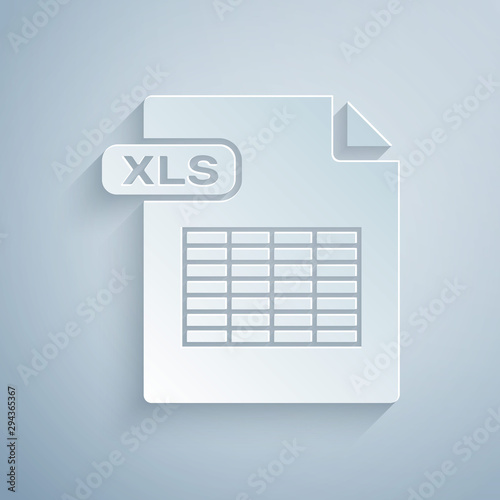 Paper cut XLS file document. Download xls button icon isolated on grey background. Excel file symbol. Paper art style. Vector Illustration