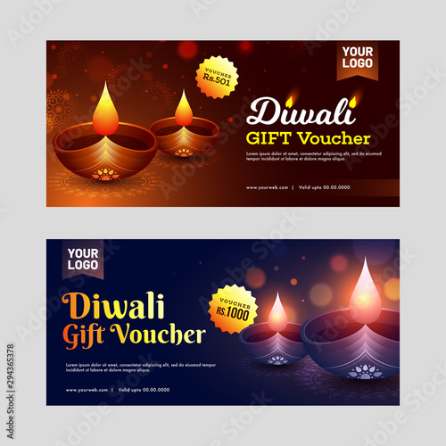 Diwali Gift Voucher, horizontal template set or discount coupon with illuminated oil lamps on glossy background.