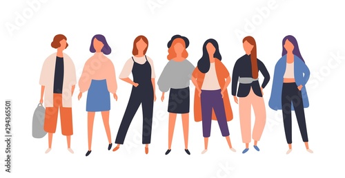 Women diverse group flat vector illustration. Young female characters standing isolated on white. Model, student, businesswoman in fashionable modern casual clothes. Stylish teenage girls.