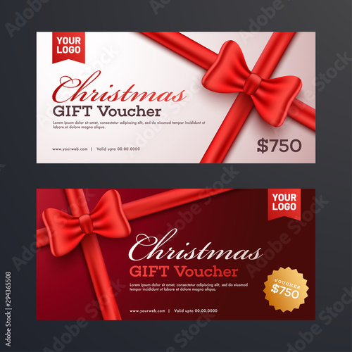 Christmas Gift Voucher layout with best discount offers and decorative with glossy red ribbon.