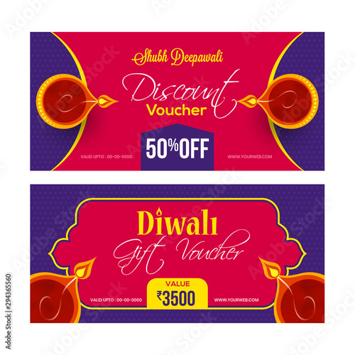 Flat style gift coupon or voucher layout with best discount offer and illuminated oil lamps for Diwali Festival.